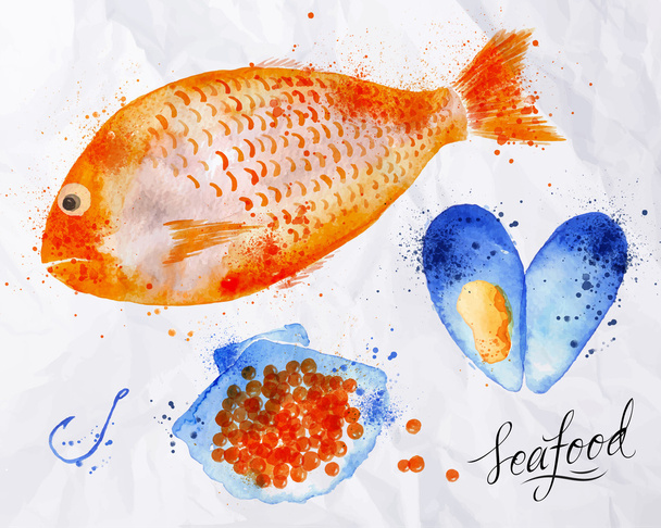 Seafood watercolor fish, red caviar, mussel - Vector, Image