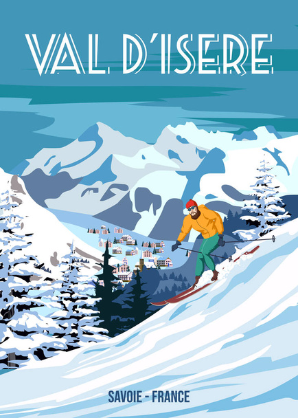 Matkajuliste Ski Val dIsere keinona vuosikerta. Ranska talvi maisema matkustaa näkymä, hiihtäjä lumi vuori, retro. Vektoriesimerkki - Vektori, kuva