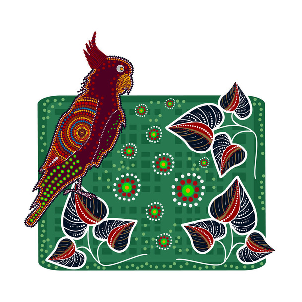 Cacatúa de estilo aborigen australiano. Loro y hojas en Australia puntos aborígenes indígenas pintando estilo de arte. Kakadu étnico decorativo. Arte tribal aborigen. Para volante, póster, pancarta, pancarta, folleto. Stock vector ilustración - Vector, Imagen