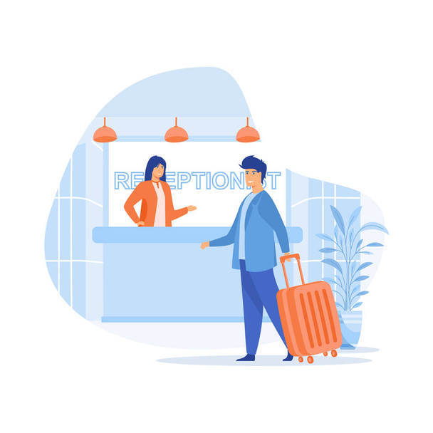 Hotel services. Hotel accommodation, work trip, check-in at the reception, room key. flat vector modern illustration - Vector, Image