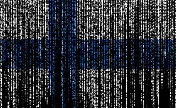 Bandera de Finlandia en un ordenador códigos binarios que caen desde la parte superior y se desvanecen. - Foto, imagen