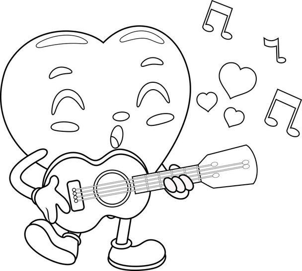 Lindo personaje de dibujos animados retro corazón tocando una guitarra y cantando. Ilustración vectorial Diseño plano aislado sobre fondo transparente - Vector, imagen