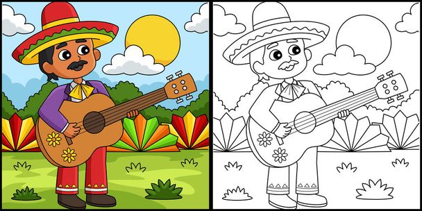 Αυτή η σελίδα ζωγραφικής δείχνει ένα μεξικάνικο αγόρι Cinco de Mayo με κιθάρα. Η μία πλευρά αυτής της εικόνας είναι έγχρωμη και χρησιμεύει ως έμπνευση για τα παιδιά. - Διάνυσμα, εικόνα