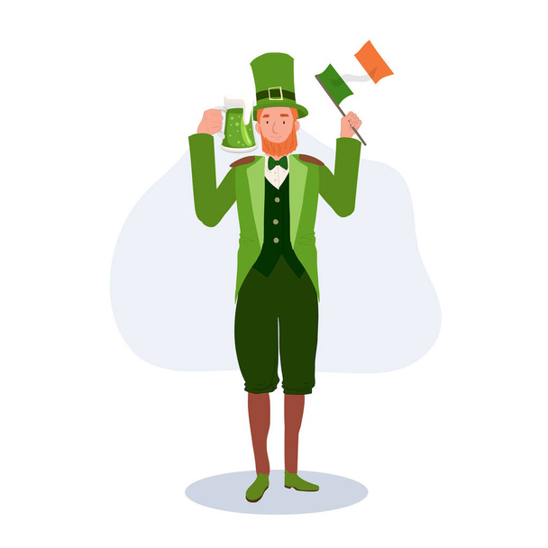 St. Patricks Day Feier mit Mann im Koboldkostüm und Bierkrug - Vektor, Bild