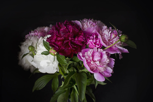 kytice růžové, fialové a bílé pivoňky zblízka na černém pozadí - Fotografie, Obrázek