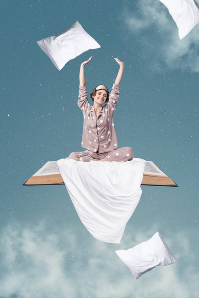 Vertical photo collage of young girl woken up on huge book in clouds pillows fly around raised hands full of energy on sky background. - Фото, изображение