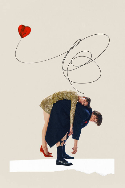 Contemporary art collage. Young woman in festive bright dress lying on back of her boyfriend and he carrying her. Concept of Happy Valentines day, relationship, love and romantic. Ad - Photo, Image