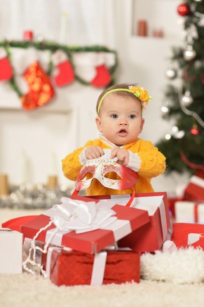Baby girl with Christmas gifts - Foto, Imagem