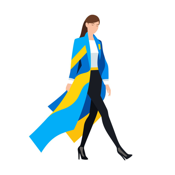 Mujer con estilo que camina con confianza en abrigo azul y amarillo. Moda moderna, paso femenino seguro. Empoderada empresaria va a trabajar ilustración vector. - Vector, imagen