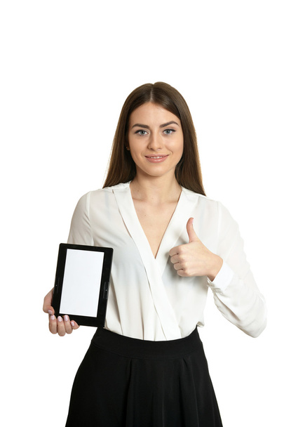 Woman with tablet PC and thumb up - Foto, Bild