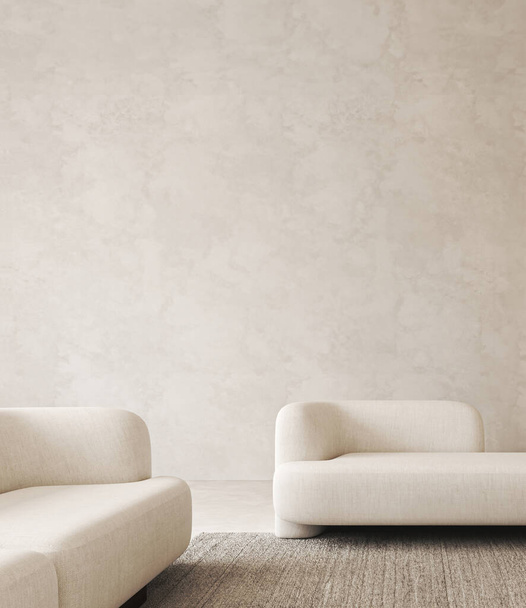 Tämä nykyaikainen olohuone esittelee pehmo beige loveseat ja nojatuoli, jossa minimalistinen esteettinen puhdas ja yksinkertainen muotoilu - Valokuva, kuva