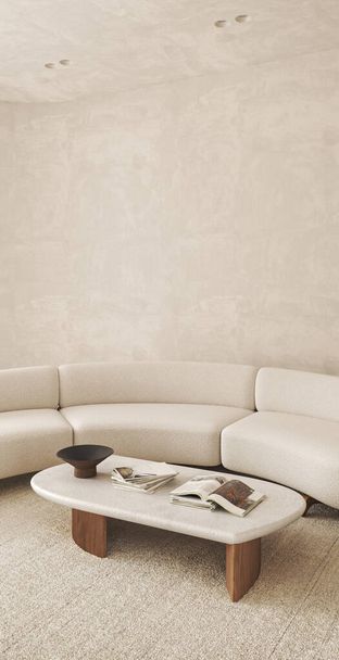 Un soggiorno sereno che vanta un elegante divano curvo e un tavolino minimalista, tutto disposto su un lussuoso tappeto shag per un look elegante - Foto, immagini