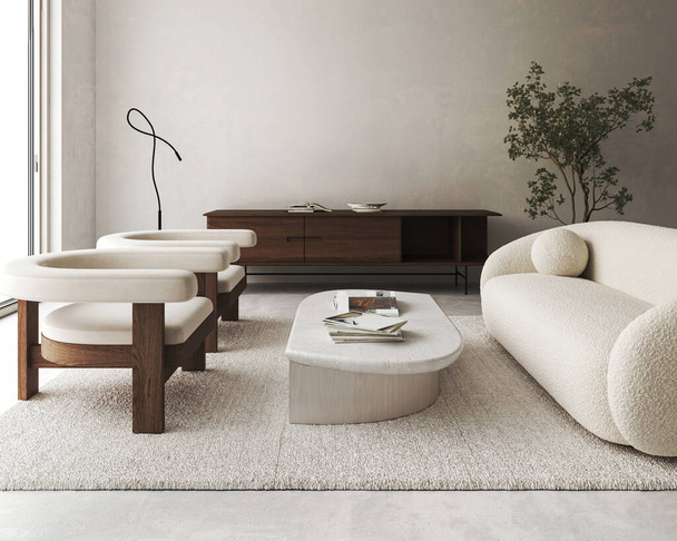Una elegante y elegante sala de estar con sillas curvas de diseño y un sofá a juego, complementado por una mesa de centro única y una lámpara de pie - Foto, Imagen