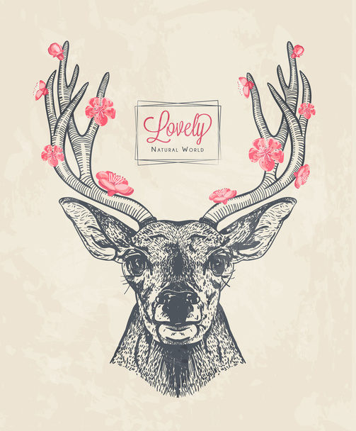 花と手描きの鹿の頭 - ベクター画像