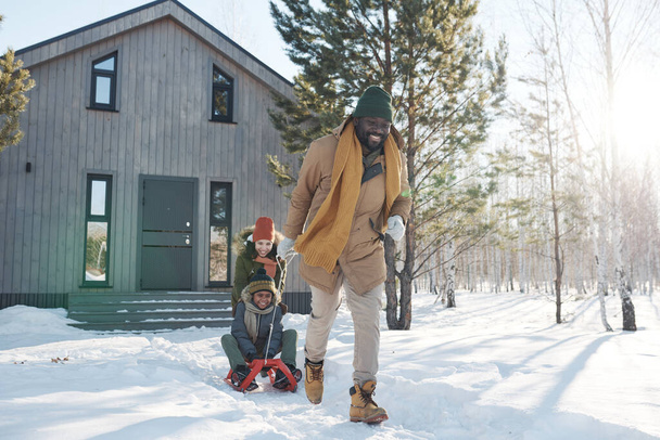 Happy young African American man pulling sledge with cute boy while his wife pushing their son on back during winter stroll in the country - Photo, Image
