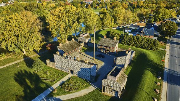 Aerial View of Historical Fort Wayne in Indiana, USA Showcasing Traditional Log-Built Structures Amid Modern Landscape - Photo, Image