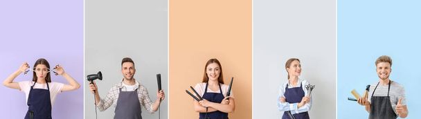 Group of young hairdressers on color background - Photo, Image