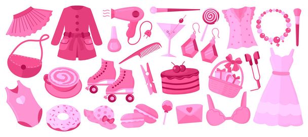 Trendikäs pinkcore, barbiecore elementtejä asetettu, 2000-luvun tyyliin. Vaaleanpunaiset värit vaatteet, asusteet ja makeiset ja juomat - Vektori, kuva