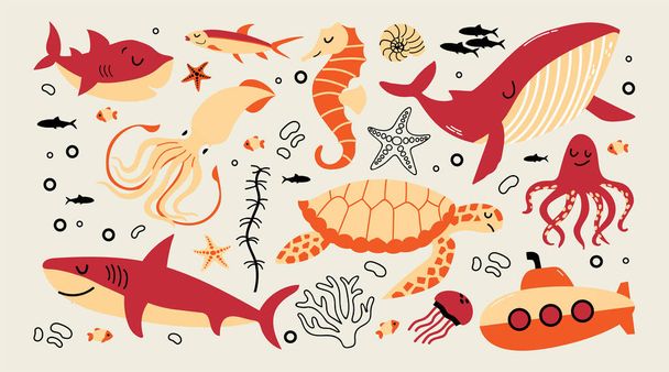 Set of sea and ocean animals turtle, squid, fishes, whale, octopus, submarine cartoon vector illustration - Vector, Image