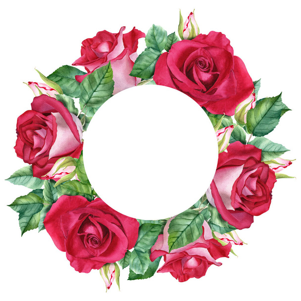 Στεφάνι ακουαρέλας με κόκκινα άνθη τριαντάφυλλου, φύλλα και μπουμπούκια. Χειροποίητη απεικόνιση που απομονώνεται σε λευκό φόντο. Για clip art, κάρτες, πρόσκληση, χαιρετισμό, ετικέτα - Φωτογραφία, εικόνα