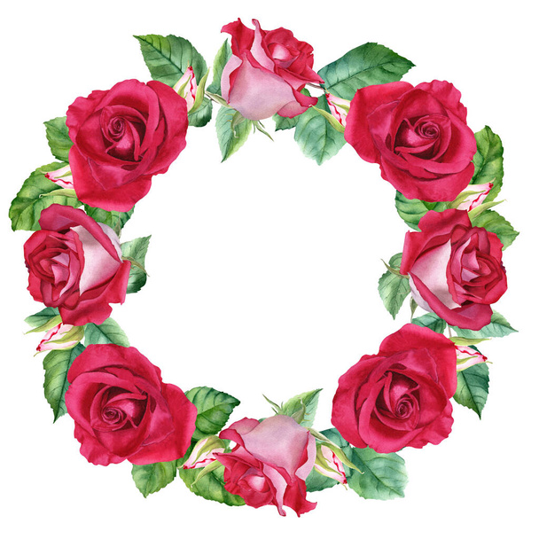Kranz mit roten Rosenblüten, Blättern und Knospen. Handgezeichnete Aquarell-Illustration isoliert auf weißem Hintergrund. Für Clip Art, Karten, Einladung, Gruß, Etikett - Foto, Bild
