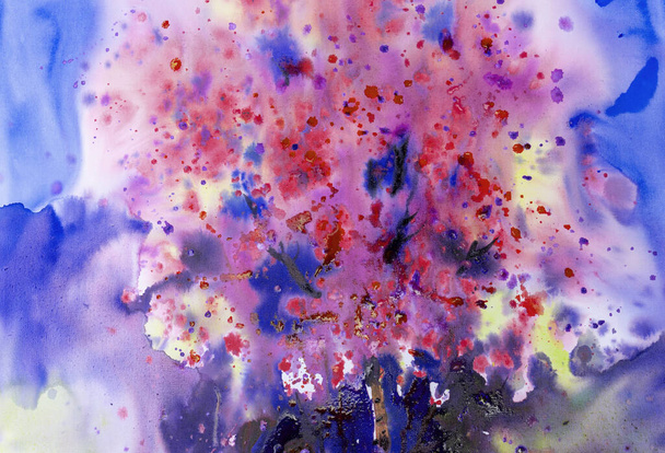 Абстрактний яскравий акриловий колір фарби рожеві і червоні дерева пензля бризки, плями, чорнила, розбризкування інсульту падіння. Абстрактна художня ілюстрація на синьо-білому тлі, елемент яскравий для прикраси  - Фото, зображення