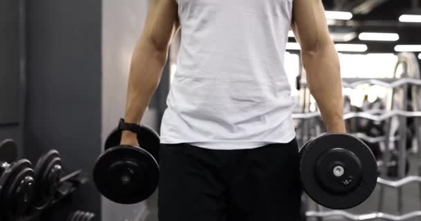 Sportsman walking with dumbbells in gym. Strength training in gym - Footage, Video