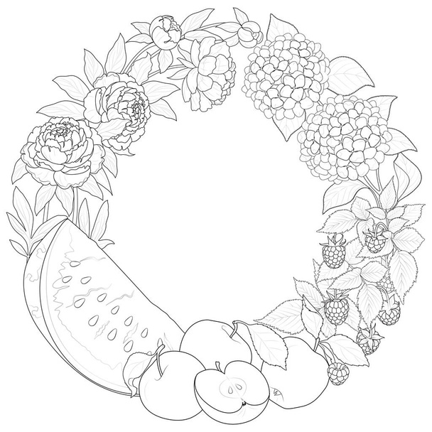 Summer wreath with beautiful flowers and ripe fruits. Hand drawn artwork. Love concept for wedding invitations, cards, tickets, congratulations. Black and white. Vector illustration - Vector, Image