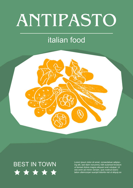 Italiaanse voedsel set vector illustratie. Gegraveerde antipasto, bundel traditionele gerechten, zelfgemaakte en restaurant diner gerechten en sauzen koken in de keuken van Italië - Vector, afbeelding