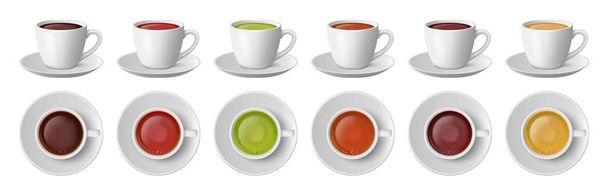 Tazze da tè, bevande gustose realistiche servite in tazze di ceramica con manici e piattini. Caffè vettoriale o ordine ristorante, diversi gusti a base di erbe di bevande calde. Vista laterale e superiore su stoviglie - Vettoriali, immagini