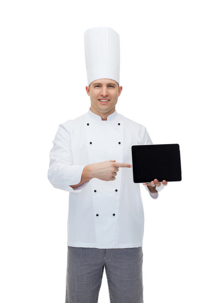 happy male chef cook showing with tablet pc - Фото, изображение