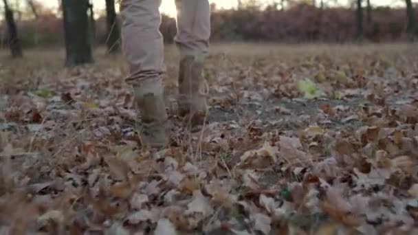 Passeio ao ar livre. Close-up de pés masculinos em botas de caminhada entre folhas caídas no parque de outono. Conceito de estilo de vida. Espaço de cópia - Filmagem, Vídeo