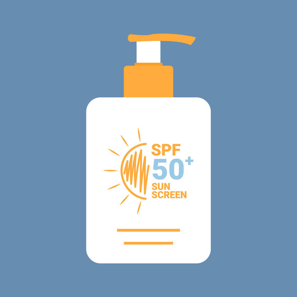 Bottiglia pompa con crema solare o lozione. Protezione solare design del prodotto. Prodotto SPF 50. Illustrazione vettoriale - Vettoriali, immagini