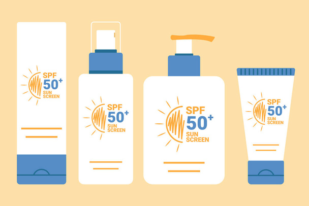 Set of sunscreen products. SPF summer skincare product design. SPF 50 cream, spray, lotion, milk. Vector illustration - Vector, Image