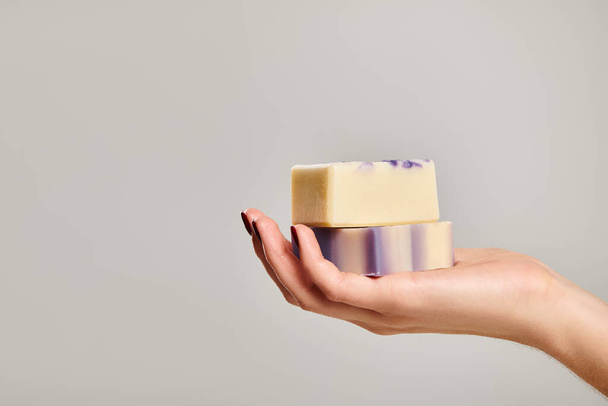 kousek fialového pruhovaného mýdla v ruce mladé neznámé ženy s lakem na nehty na šedém pozadí - Fotografie, Obrázek
