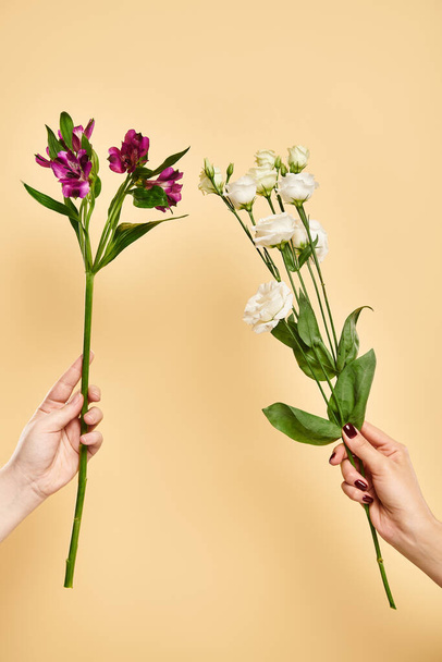 oggetto foto di eustoma fresco e gigli fiori in mano di donna sconosciuta su sfondo pastello - Foto, immagini