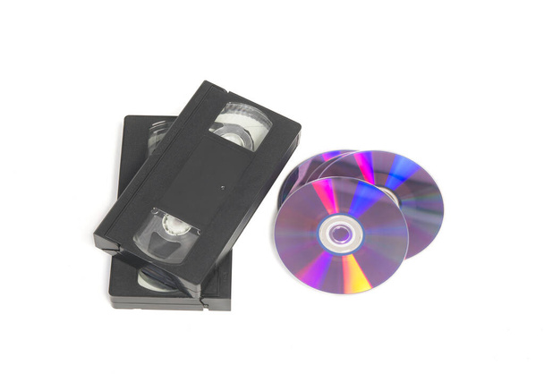 Video tapes and cd or dvd discs isolated on white background. - Photo, Image