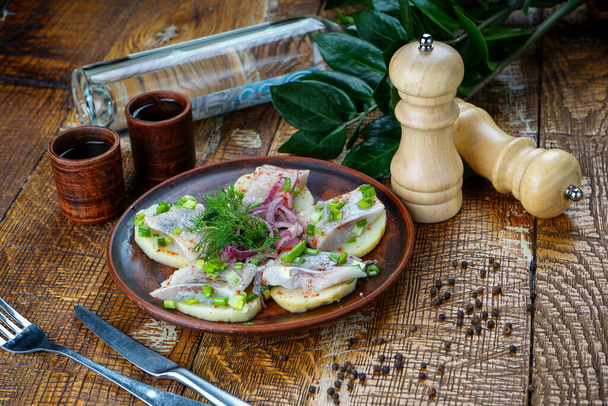 filet de hareng sur pommes de terre avec oignons et légumes verts dans une assiette d'argile avec chacha - Photo, image