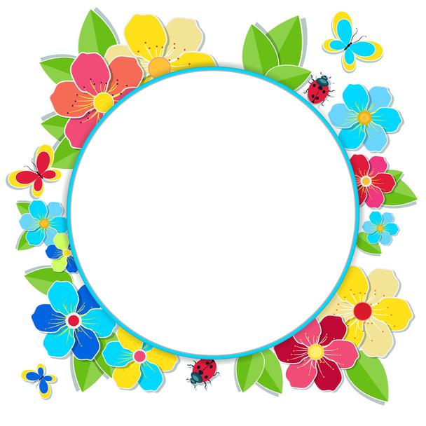 frame with flowers, butterflies and ladybug - Vector, Image