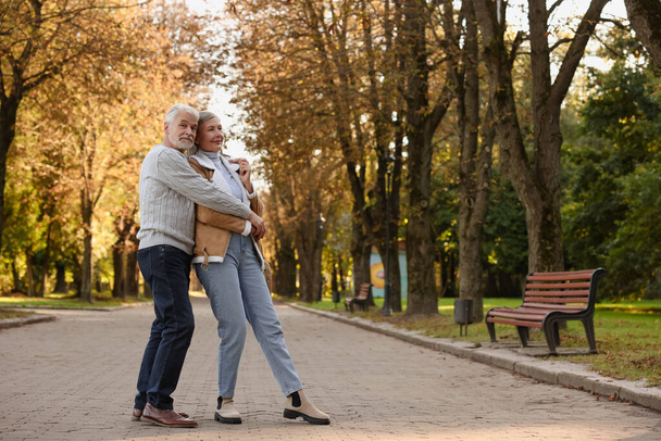 Portrait of affectionate senior couple in autumn park, space for text - Фото, изображение