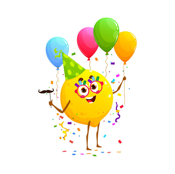 Caricatura carácter alegre fruta de limón en la fiesta de cumpleaños, celebración de vacaciones de aniversario. Vacaciones de felicitación, aniversario, evento de cumpleaños lindo personaje vector de frutas con máscara de bigote, globos - Vector, imagen