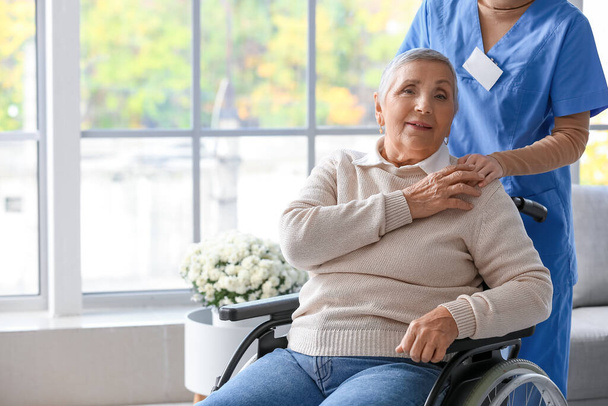 Seniorin im Rollstuhl mit Pflegerin zu Hause - Foto, Bild