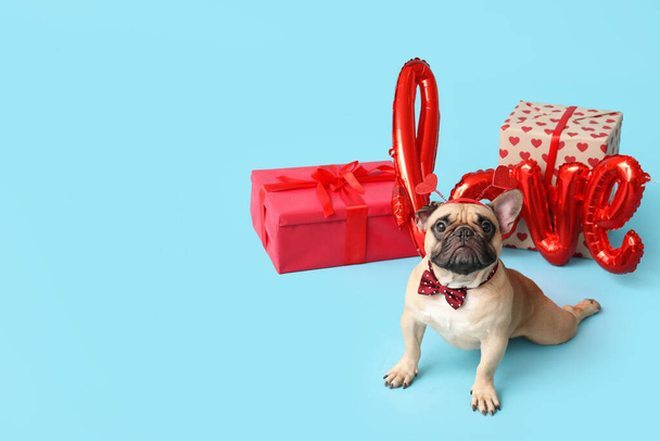 Leuke Franse bulldog met geschenkdozen en ballon in de vorm van woord LIEFDE op blauwe achtergrond. Valentijnsdag - Foto, afbeelding