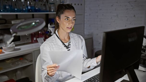 Gyönyörű fiatal spanyol nő, egy komoly tudós a laborban, elmerül a tudományos kutatásokban a számítógépén, és dokumentumokat olvas az éjszaka csendes magányában. - Fotó, kép