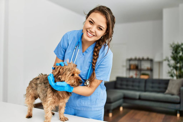 Jovem bela mulher hispânica veterinário sorrindo confiante examinando cão em casa - Foto, Imagem