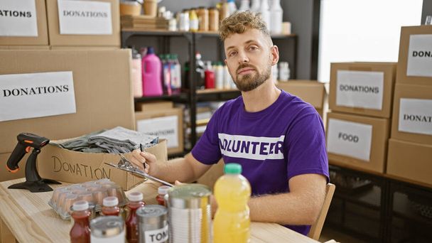 Schöner junger Mann mit Bart, der in einem Spendenzentrum arbeitet, umgeben von Kisten mit Lebensmitteln und anderen Gegenständen. - Foto, Bild