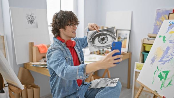 アートスタジオでヘッドフォンを持つ若い男は,セルフィーのためにデッサンとスマートフォンを保持しています - 写真・画像