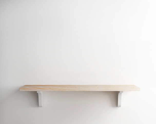 wood shelf on white wall background - 写真・画像