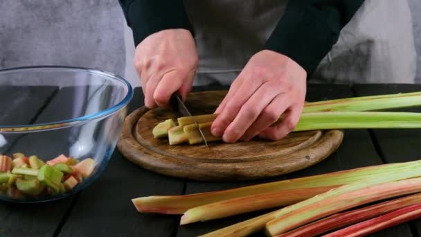 La rhubarbe - la rhubarbe fraîche est coupée par un chef avec un couteau, cuisant des tartes maison à partir de produits de saison. Préparation de tarte à la rhubarbe - Séquence, vidéo