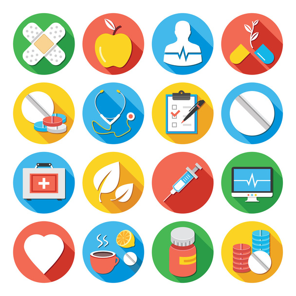 Medical icons set. Flat design icons with long shadows - Vector, Image